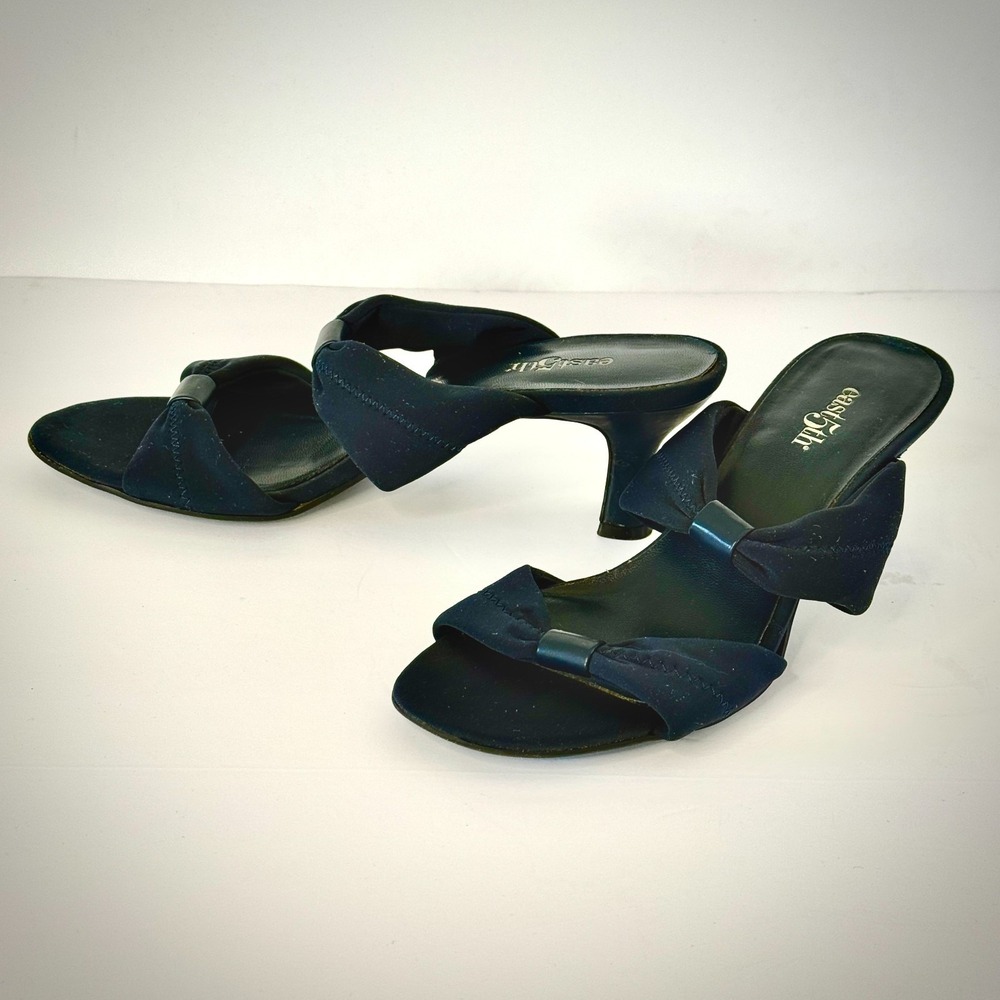 East 5th Womens Open Toe Knot Cloth Straps Mules Kitten Heel Size 7 Navy Blue
